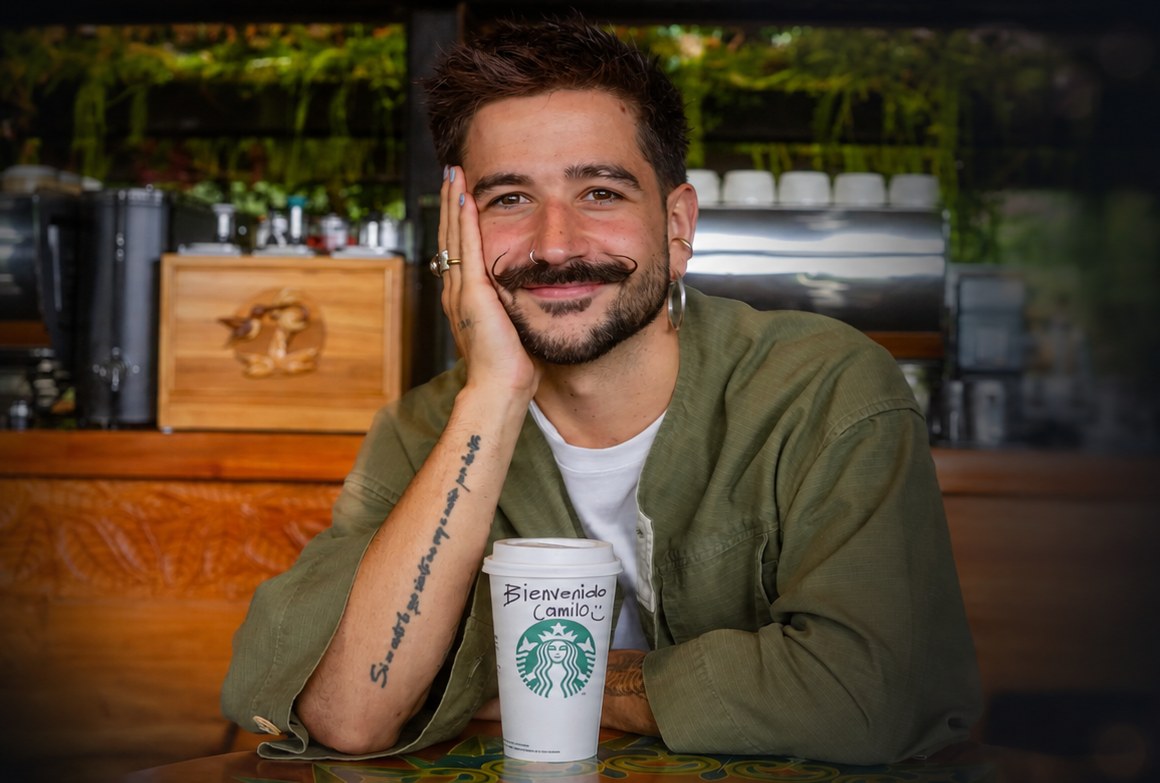 Camilo con un café en una cafetería