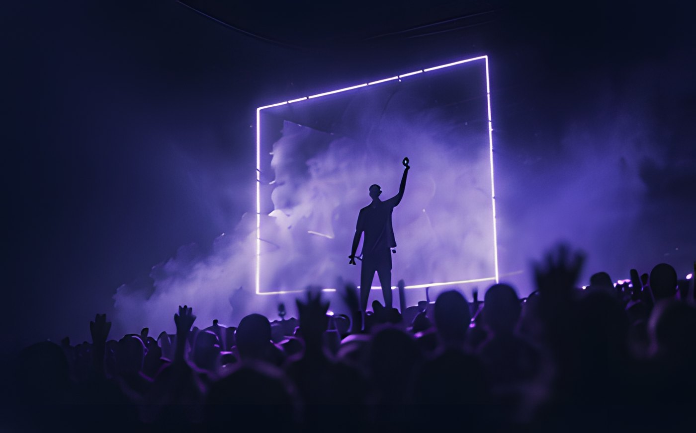Concierto con una pantalla luminosa y público