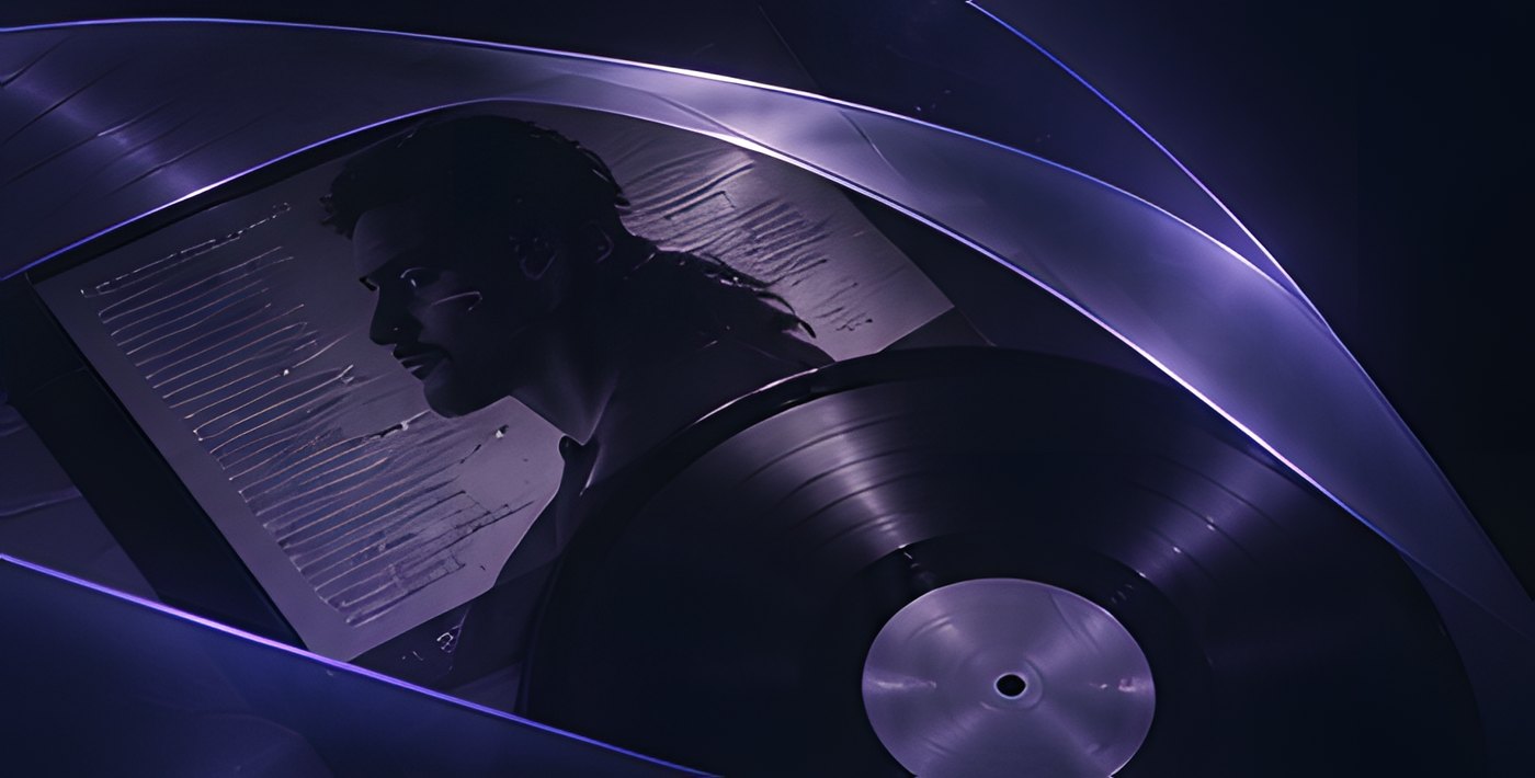 Disco de vinilo y retrato sobre cintas violetas